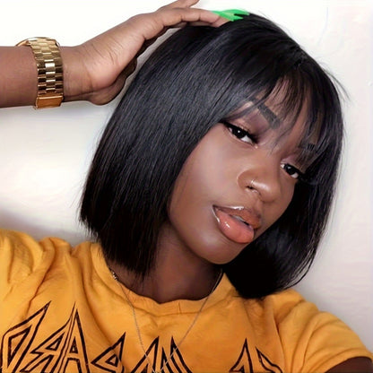 150% Density Short Bob Human Hair Wigs with Bangs | Straight, Glueless, Full Machine Made, 100% Real Human Hair, Rose Net Cap, by FUNKY GIRL