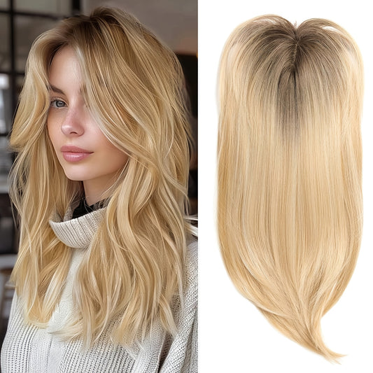 22-Inch (Approximately 55 Cm) Light Golden And Bleached Blonde Mixed Hair Top Synthetic Hairpiece with a Swiss Base And 3 Clips, Suitable for Thinning Hair And Gray Hair Loss.