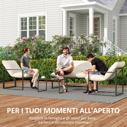 Sunny Set 4pcs Garden Sofa Set, Furniture Set with 2-Seater Sofa, 2 Armchairs, Cushions And Glass Coffee Table, Steel Structure, Black And Grey