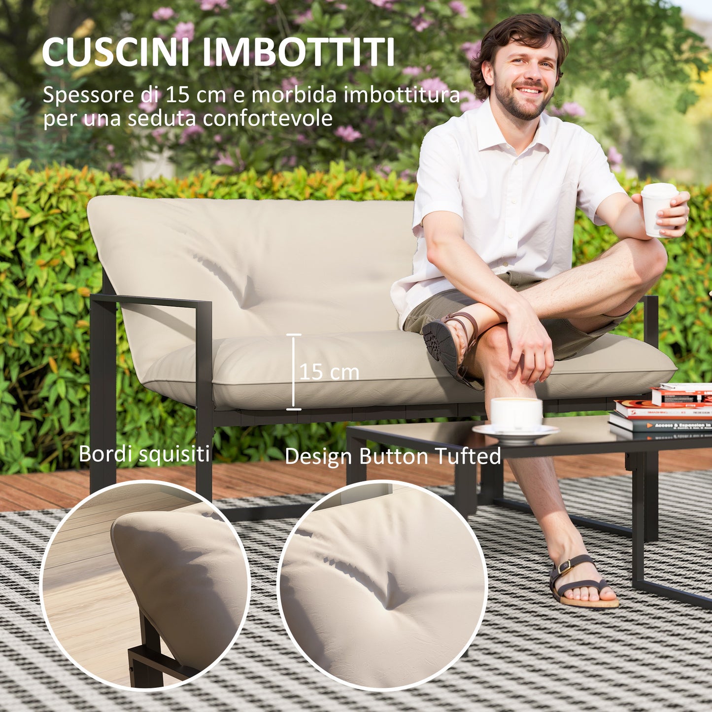 Sunny Set 4pcs Garden Sofa Set, Furniture Set with 2-Seater Sofa, 2 Armchairs, Cushions And Glass Coffee Table, Steel Structure, Black And Grey