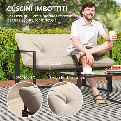 Sunny Set 4pcs Garden Sofa Set, Furniture Set with 2-Seater Sofa, 2 Armchairs, Cushions And Glass Coffee Table, Steel Structure, Black And Grey
