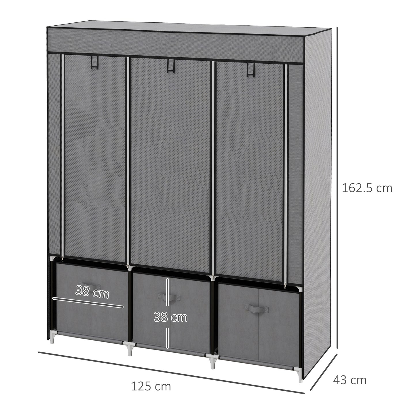 HOMCOM Space Saving Fabric Wardrobe, Folding Wardrobe with Shelves and Drawers, Zip Roll-Up Doors, 125x43x162.5cm