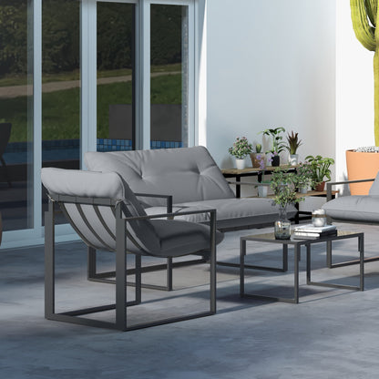 Sunny Set 4pcs Garden Sofa Set, Furniture Set with 2-Seater Sofa, 2 Armchairs, Cushions And Glass Coffee Table, Steel Structure, Black And Grey