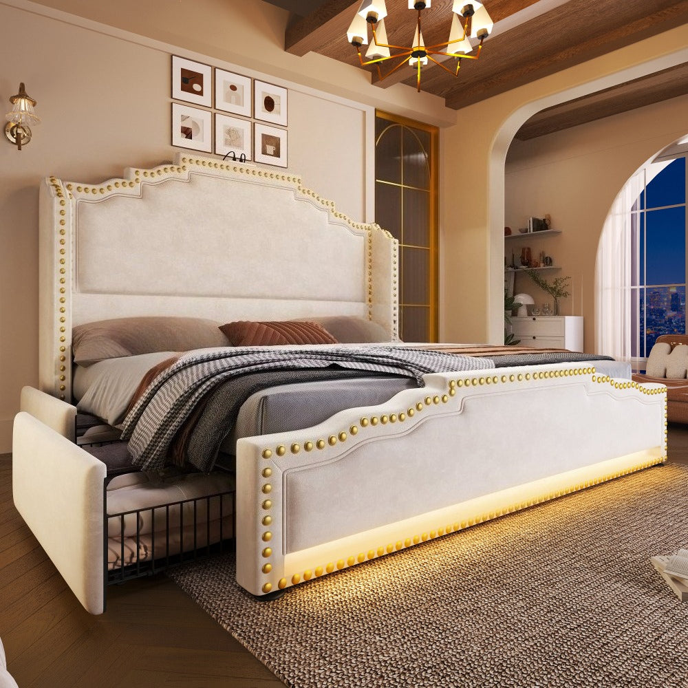 MUVOE Letto Moderno Minimalista 140x200/160x200cm con 4 Cassetti, Letto Contenitore in Velluto Beige, Struttura a Doghe, Letto Matrimoniale Hotel Business