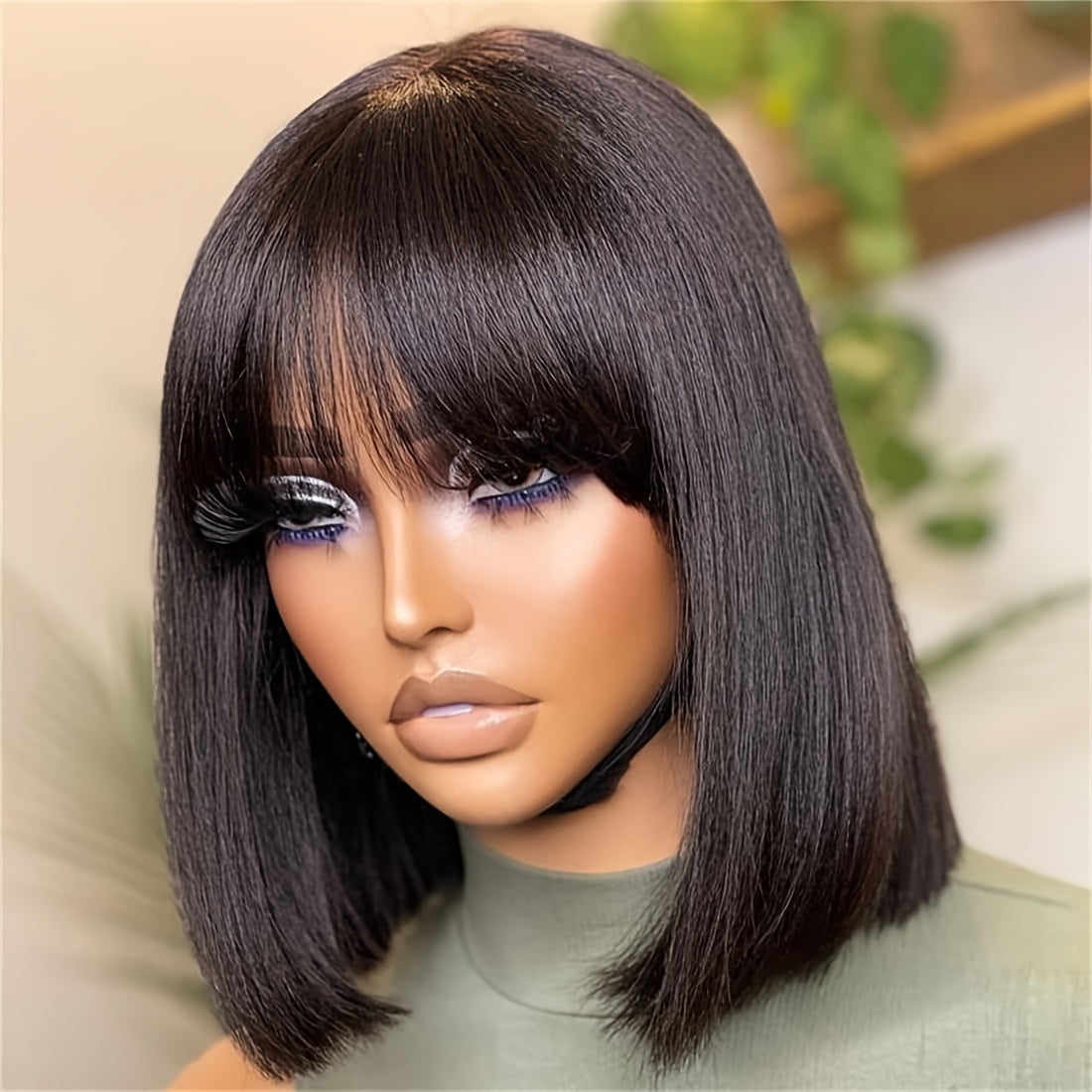 150% Density Short Bob Human Hair Wigs with Bangs | Straight, Glueless, Full Machine Made, 100% Real Human Hair, Rose Net Cap, by FUNKY GIRL