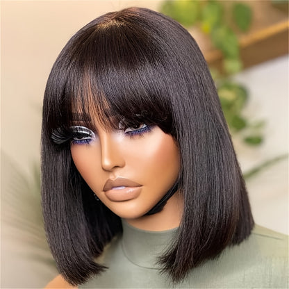 150% Density Short Bob Human Hair Wigs with Bangs | Straight, Glueless, Full Machine Made, 100% Real Human Hair, Rose Net Cap, by FUNKY GIRL