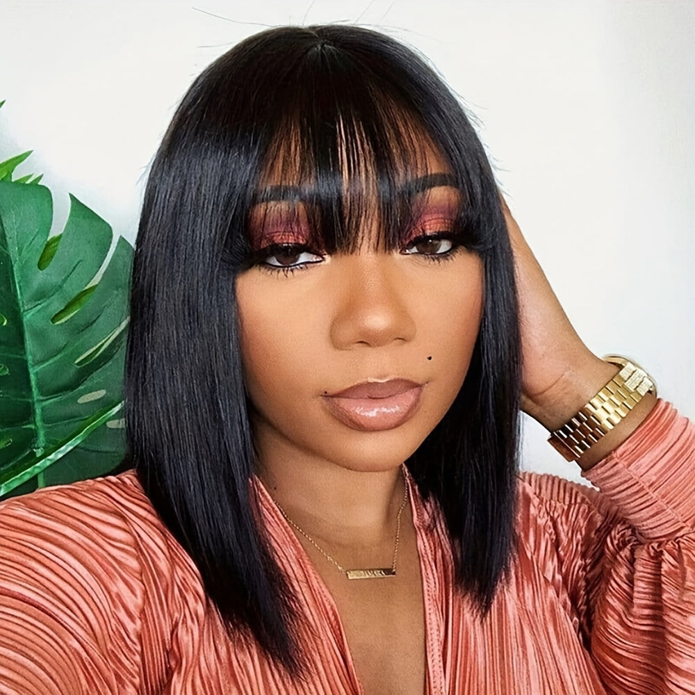 150% Density Short Bob Human Hair Wigs with Bangs | Straight, Glueless, Full Machine Made, 100% Real Human Hair, Rose Net Cap, by FUNKY GIRL