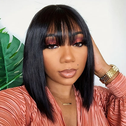 150% Density Short Bob Human Hair Wigs with Bangs | Straight, Glueless, Full Machine Made, 100% Real Human Hair, Rose Net Cap, by FUNKY GIRL