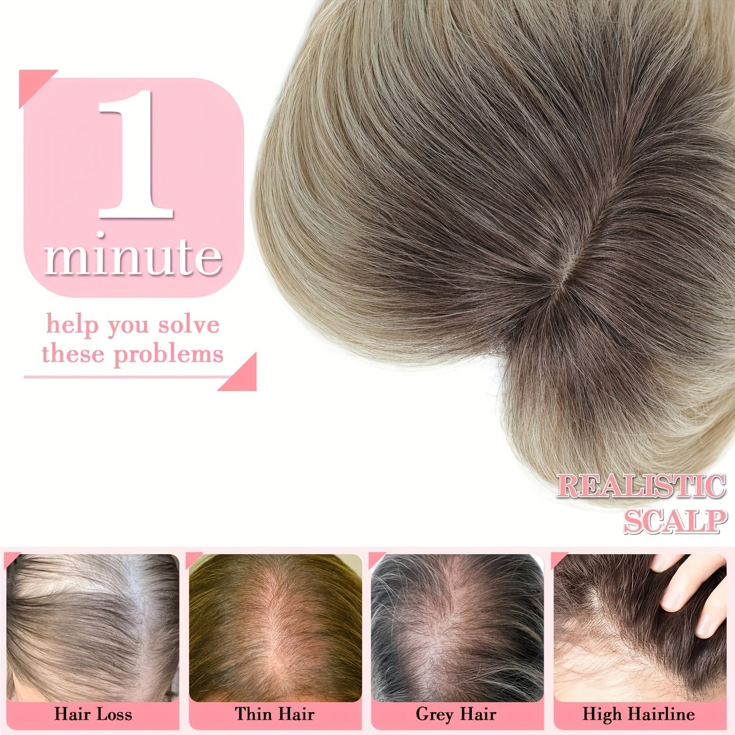 22-Inch (Approximately 55 Cm) Light Golden And Bleached Blonde Mixed Hair Top Synthetic Hairpiece with a Swiss Base And 3 Clips, Suitable for Thinning Hair And Gray Hair Loss.