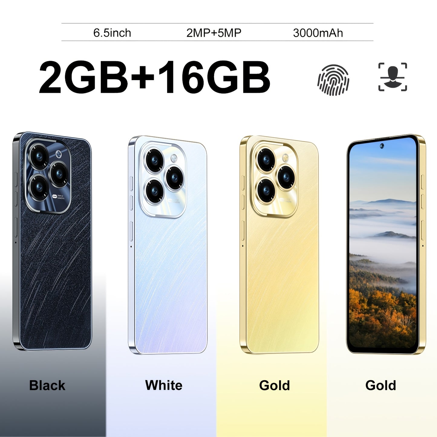 3G Android 8.1 Smartphone, 2GB RAM, 16GB Storage, 2MP+5MP Camera, 6.5-inch Touch Screen, Dual SIM Dual Standby, GPS