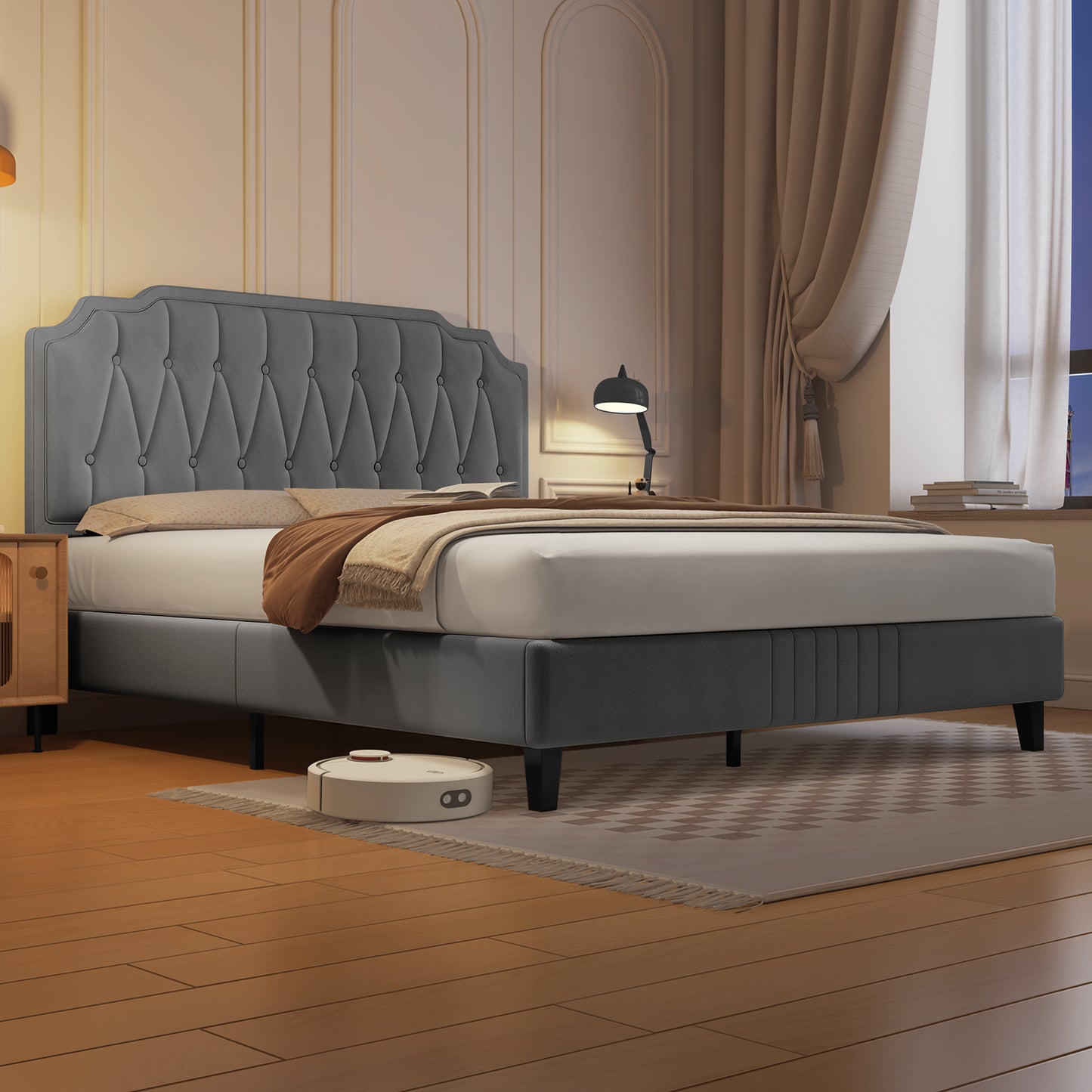 Costoffs Bed Frame with Upholstered And Quilted Headboard Adjustable Height Wooden Bed with Slatted Base Solid Wood And Metal Legs