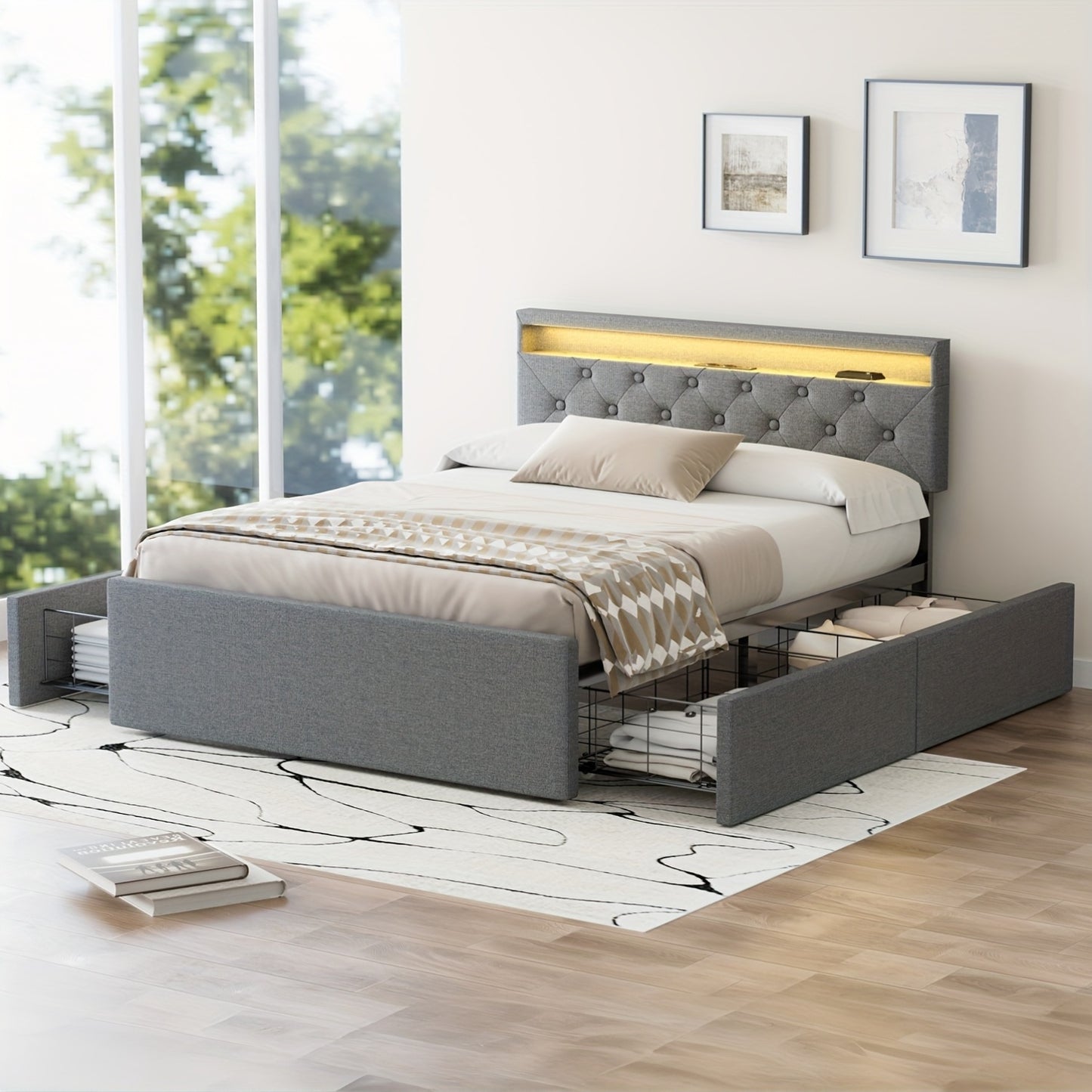 Kehot Letto Matrimoniale 140x200 con LED e 4 Cassetti Contenitore, Letto Imbottito in Tessuto Grigio con Testiera LED USB, Struttura Letto con Doghe in Legno e Metallo