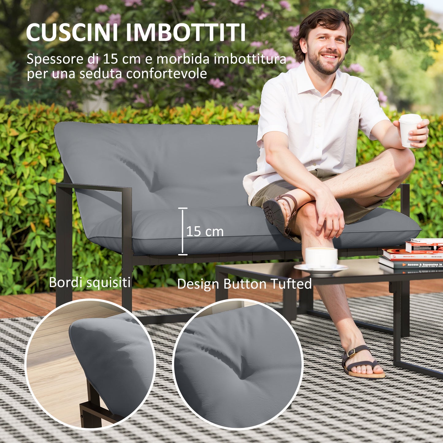 Sunny Set 4pcs Garden Sofa Set, Furniture Set with 2-Seater Sofa, 2 Armchairs, Cushions And Glass Coffee Table, Steel Structure, Black And Grey