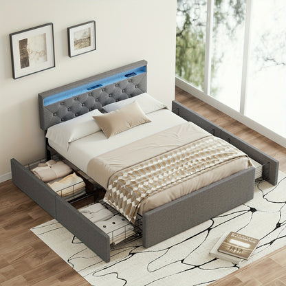 Kehot Letto Matrimoniale 140x200 con LED e 4 Cassetti Contenitore, Letto Imbottito in Tessuto Grigio con Testiera LED USB, Struttura Letto con Doghe in Legno e Metallo