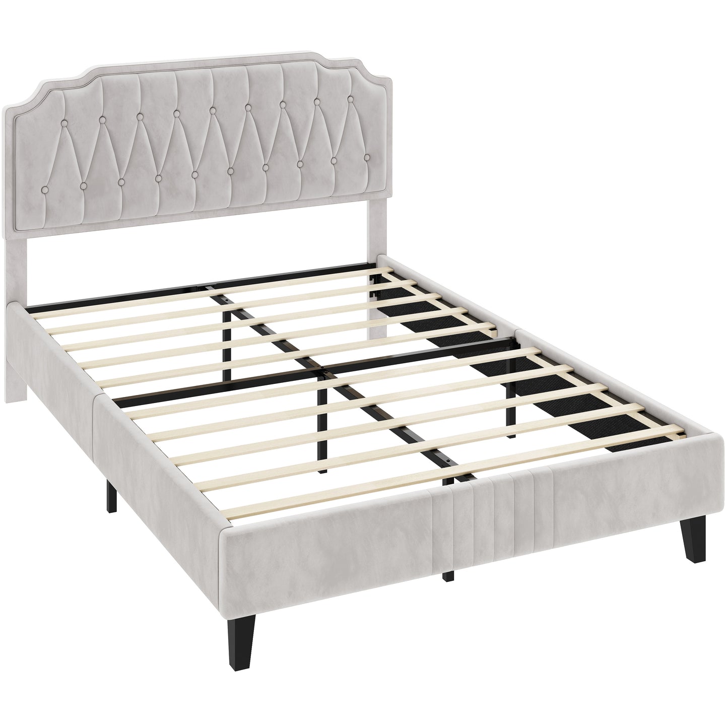 Costoffs Bed Frame with Upholstered And Quilted Headboard Adjustable Height Wooden Bed with Slatted Base Solid Wood And Metal Legs