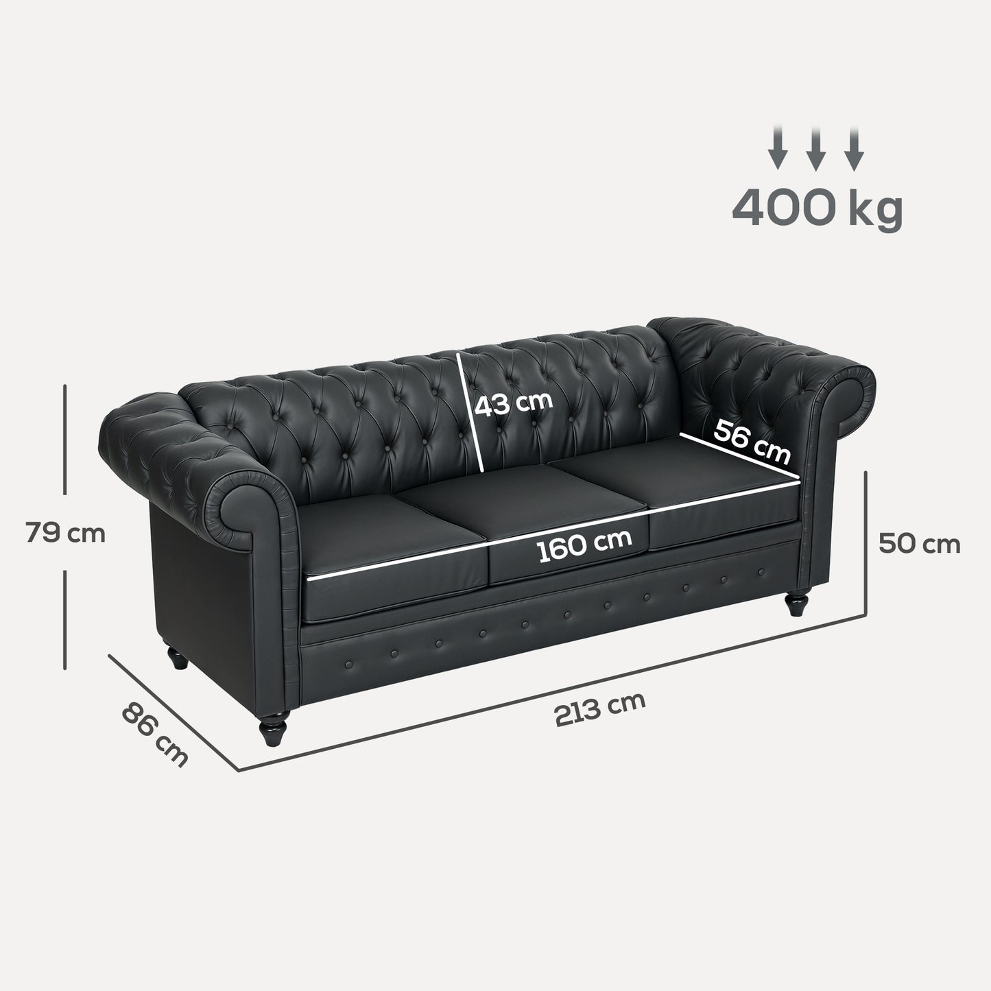 HOMCOM 3-Seater Chesterfield Style Sofa in Faux Leather, Wooden Leg Sofa for Living Room And Office, Black