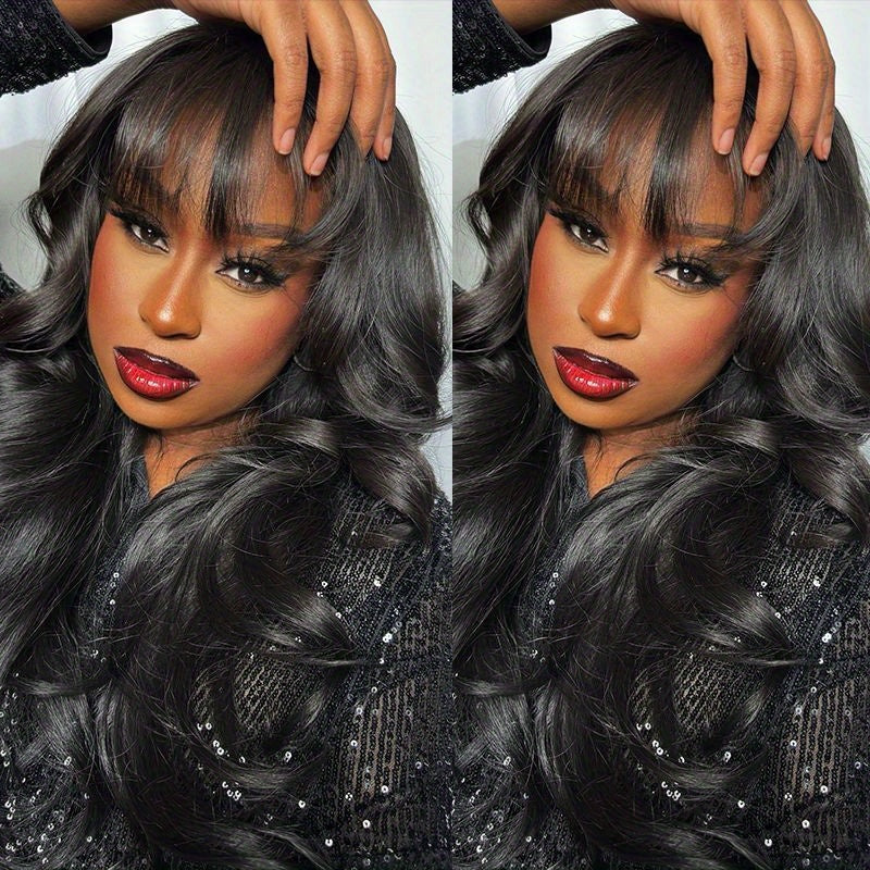 200% Density Brazilian Human Hair Wig Glueless Scalp Top Wig with Natural #1B Color - Body Wavy Long True Length Wig for Women, Machine-Made Full Hair No Lace Front Wigs Suitable for Skin Tones