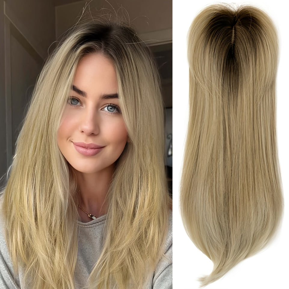 22-Inch (Approximately 55 Cm) Light Golden And Bleached Blonde Mixed Hair Top Synthetic Hairpiece with a Swiss Base And 3 Clips, Suitable for Thinning Hair And Gray Hair Loss.