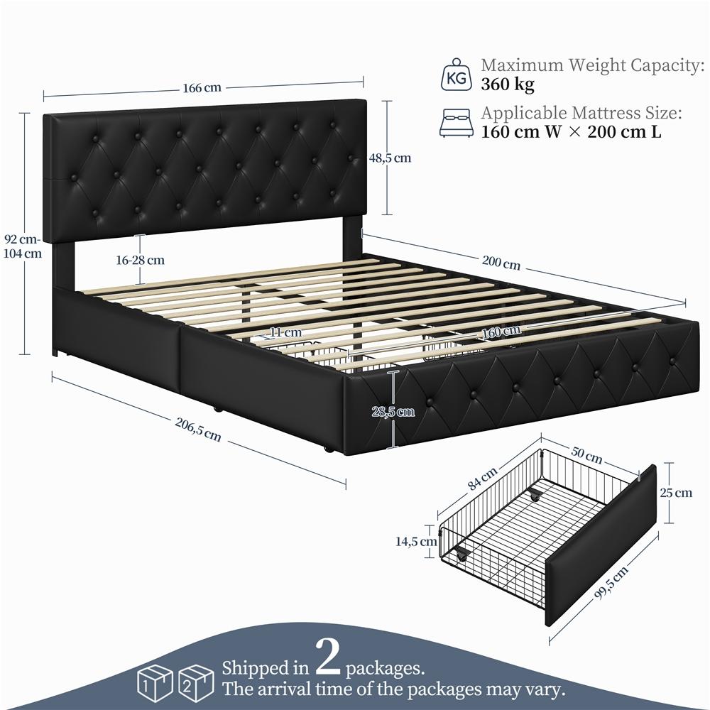 Letto Matrimoniale Imbottito COSTOFFS con Cassetti Contenitore 140x200 / 160x200 – Letto con Testiera Regolabile, Rete a Doghe in Legno, Design Moderno Camera da Letto
