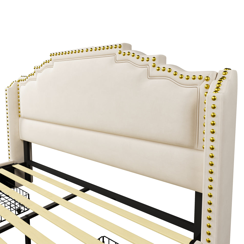 MUVOE Letto Moderno Minimalista 140x200/160x200cm con 4 Cassetti, Letto Contenitore in Velluto Beige, Struttura a Doghe, Letto Matrimoniale Hotel Business