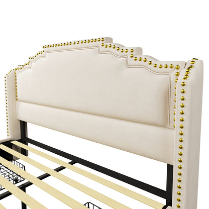 MUVOE Letto Moderno Minimalista 140x200/160x200cm con 4 Cassetti, Letto Contenitore in Velluto Beige, Struttura a Doghe, Letto Matrimoniale Hotel Business