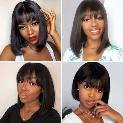 150% Density Short Bob Human Hair Wigs with Bangs | Straight, Glueless, Full Machine Made, 100% Real Human Hair, Rose Net Cap, by FUNKY GIRL