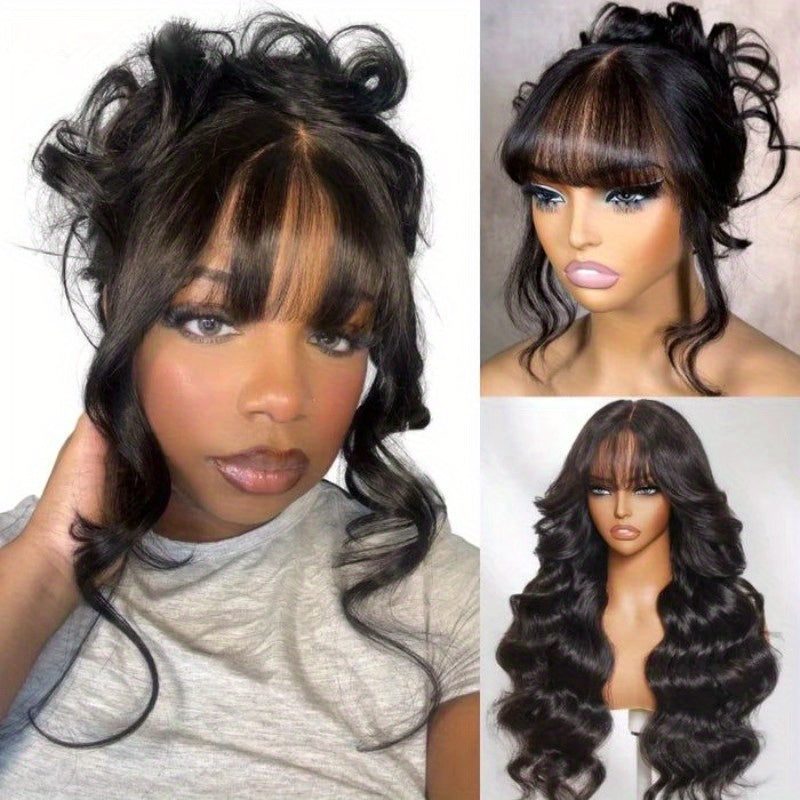 200% Density Brazilian Human Hair Wig Glueless Scalp Top Wig with Natural #1B Color - Body Wavy Long True Length Wig for Women, Machine-Made Full Hair No Lace Front Wigs Suitable for Skin Tones
