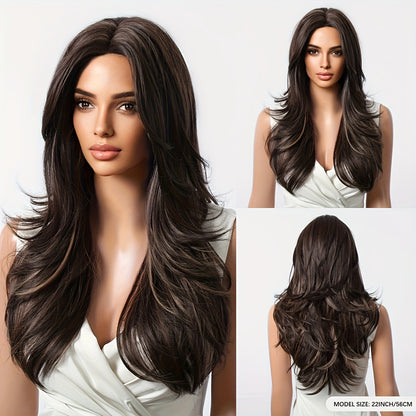 Elegant Long Brown Wig with Highlights | 150% Density Curly Waves | Rose Net Cap | Versatile Casual Attire - High-Temperature Matte Synthetic Fiber for Natural Look