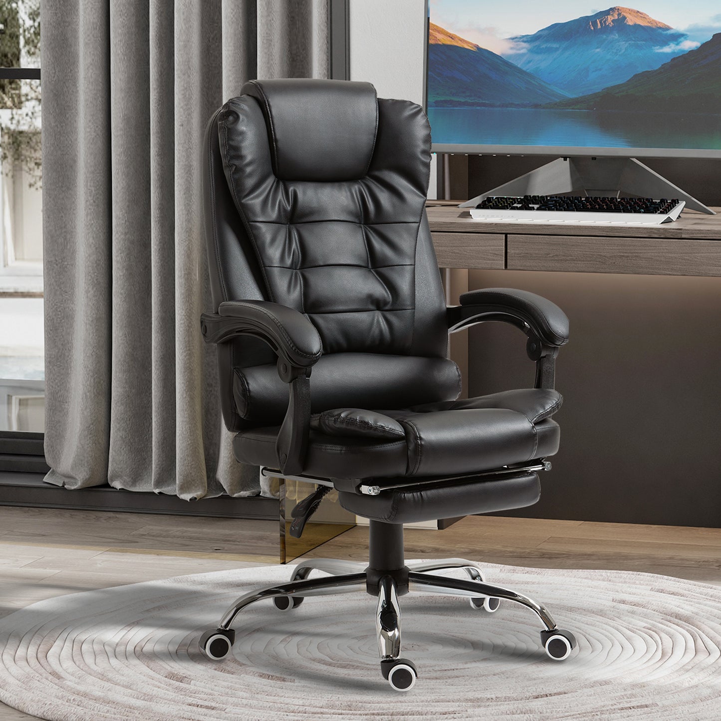 HOMCOM Ergonomic Presidential Office Chair in PU Leather, Swivel Office Chair with High Reclining Back 145, Adjustable Height and Pull-Out Footrest, color Black