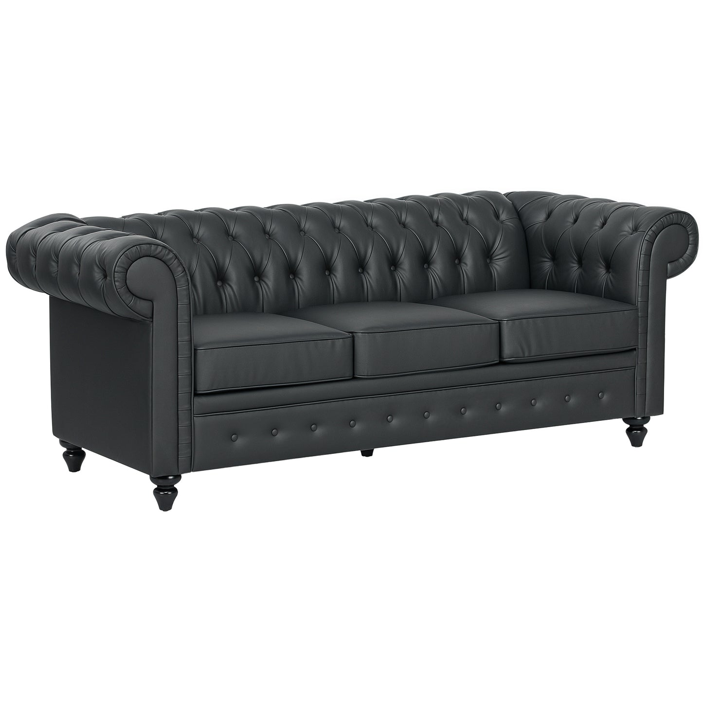 HOMCOM 3-Seater Chesterfield Style Sofa in Faux Leather, Wooden Leg Sofa for Living Room And Office, Black