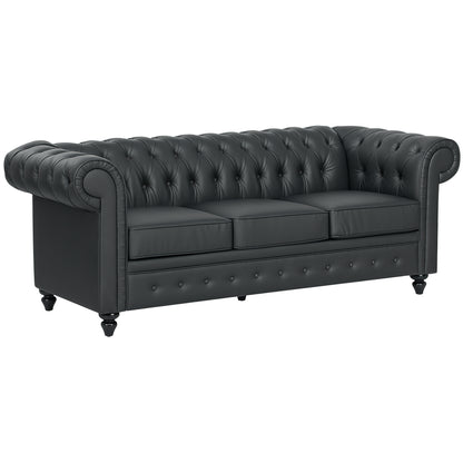 HOMCOM 3-Seater Chesterfield Style Sofa in Faux Leather, Wooden Leg Sofa for Living Room And Office, Black