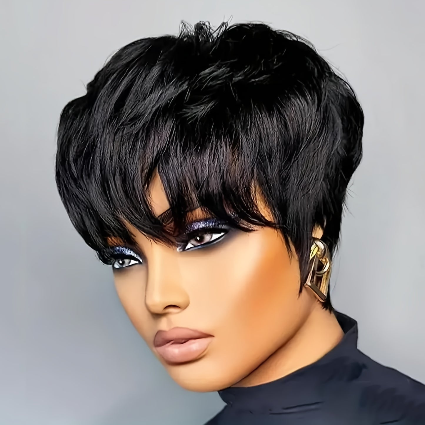 Short Bob Wig, Hair, Black, Female with Bangs, Natural Black, Short Layered, Daily Use