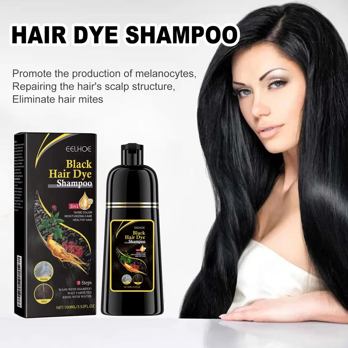 EELHOE Shampoo Colorante Nero 3-in-1 Biologico ed Erboristico. TK