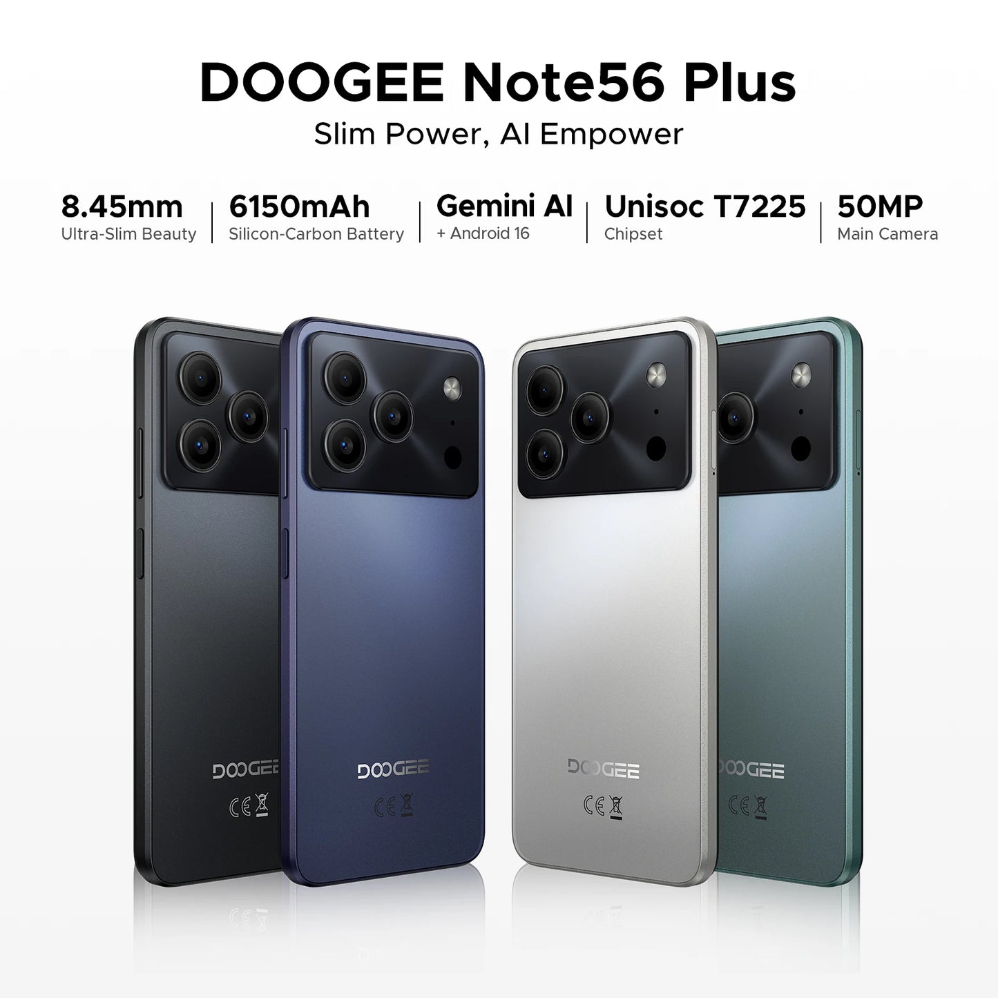 DOOGEE Note56 Plus Smartphone Android 16 48GB+256GB 6150mAh Large Battery 6.56'' 90Hz Display UNISOC T7225 50MP Camera NFC