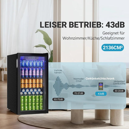 Frigo Bevande 90L Porta in Vetro per 126 Lattine – Cantinetta Birra e Vino con Ripiani Regolabili, Display Digitale, LED Interno, Frigorifero Bevande Casa Bar Ufficio