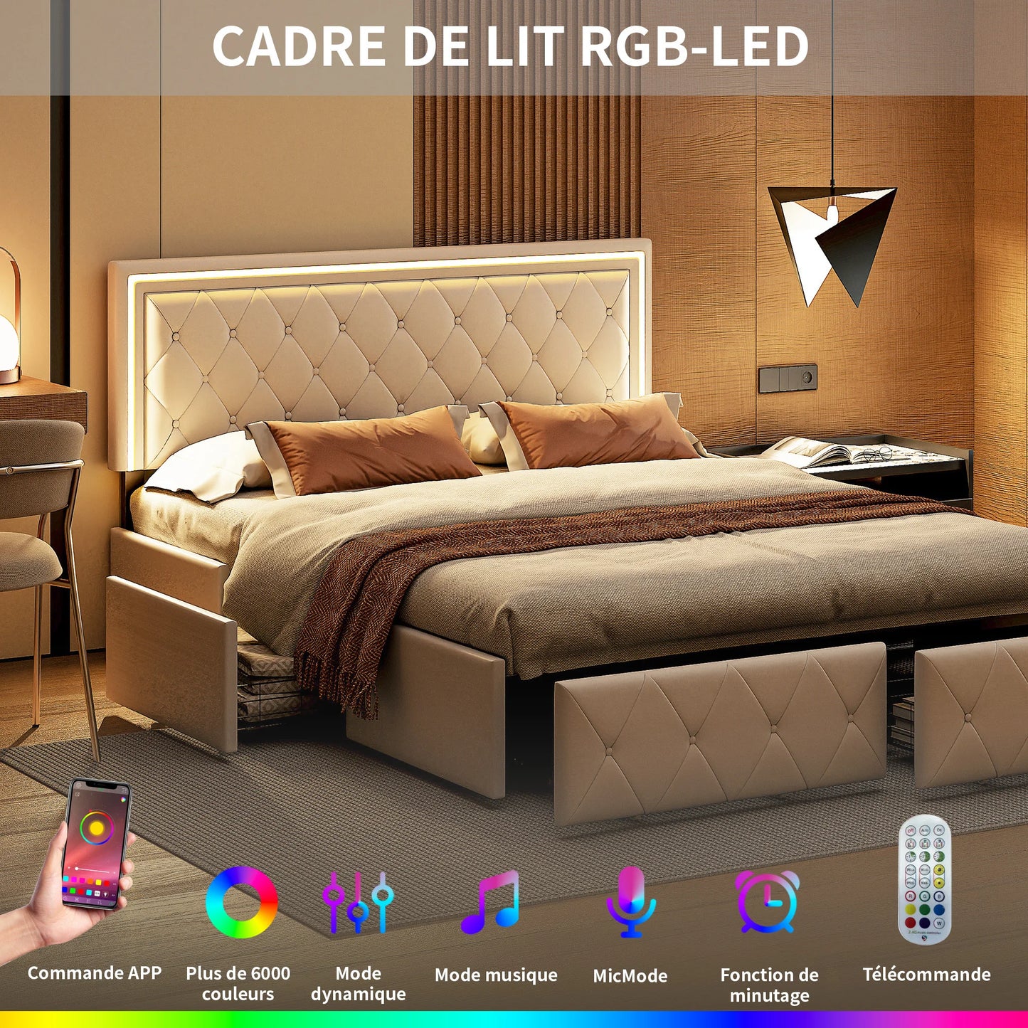 Double bed 140/160x200cm with LED lighting, 4 drawers headboard adjustable bed 2 people slaty box and metal frame