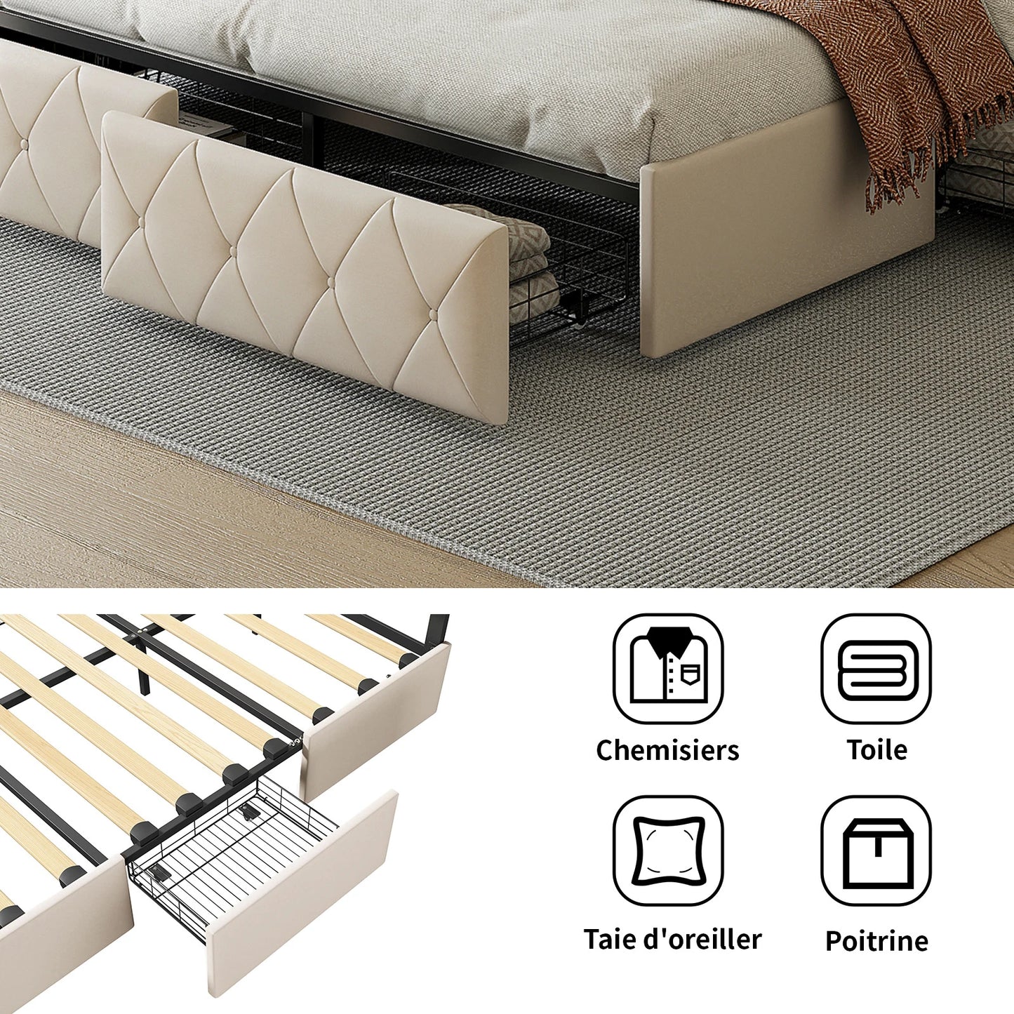 Double bed 140/160x200cm with LED lighting, 4 drawers headboard adjustable bed 2 people slaty box and metal frame