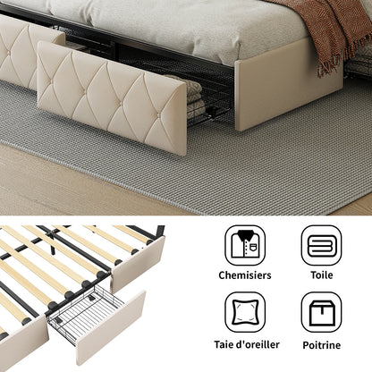 Double bed 140/160x200cm with LED lighting, 4 drawers headboard adjustable bed 2 people slaty box and metal frame