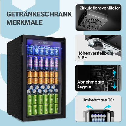 Frigo Bevande 90L Porta in Vetro per 126 Lattine – Cantinetta Birra e Vino con Ripiani Regolabili, Display Digitale, LED Interno, Frigorifero Bevande Casa Bar Ufficio