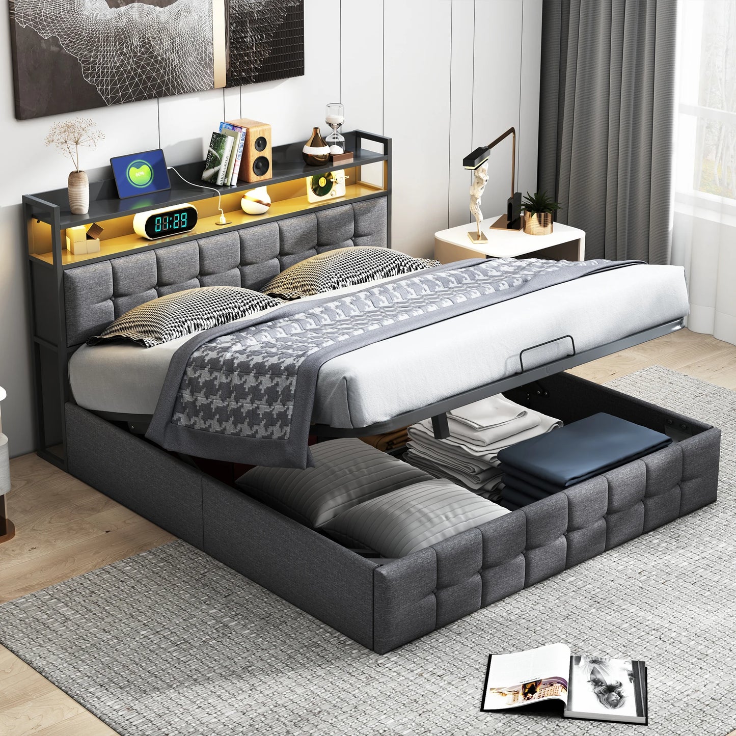 Double padded bed, 160x200 cm, bed 2 people Storage space, head with LED USB, wooden slatted box, Gray