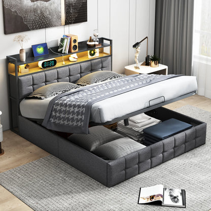 Double padded bed, 160x200 cm, bed 2 people Storage space, head with LED USB, wooden slatted box, Gray