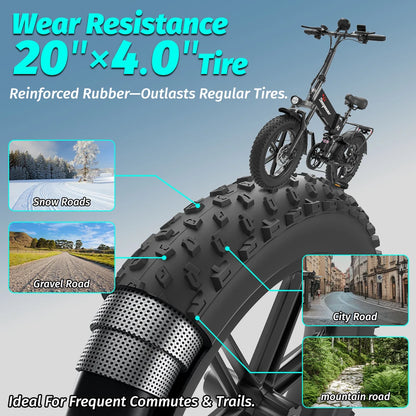 DEEPOWER A5 E-Bike Pieghevole 1500W 48V 15.6Ah Fat Tire 20” Bicicletta Elettrica MTB All Terrain 55km/h Autonomia 60km CE