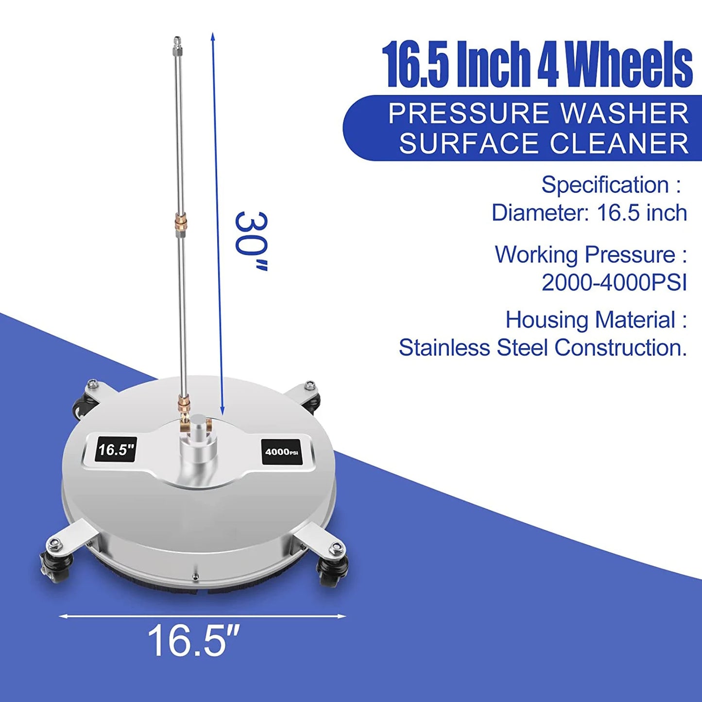 4000–5000 PSI 16.5″ Pressure Washer Surface Cleaner – Stainless Steel 4-Wheel Ground Cleaner with 1/4″ Quick Connect