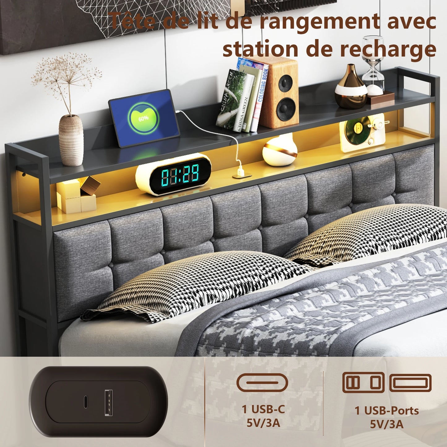 Double padded bed, 140x200 cm, bed 2 people Storage space, head with LED USB, wooden slatted box, Gray