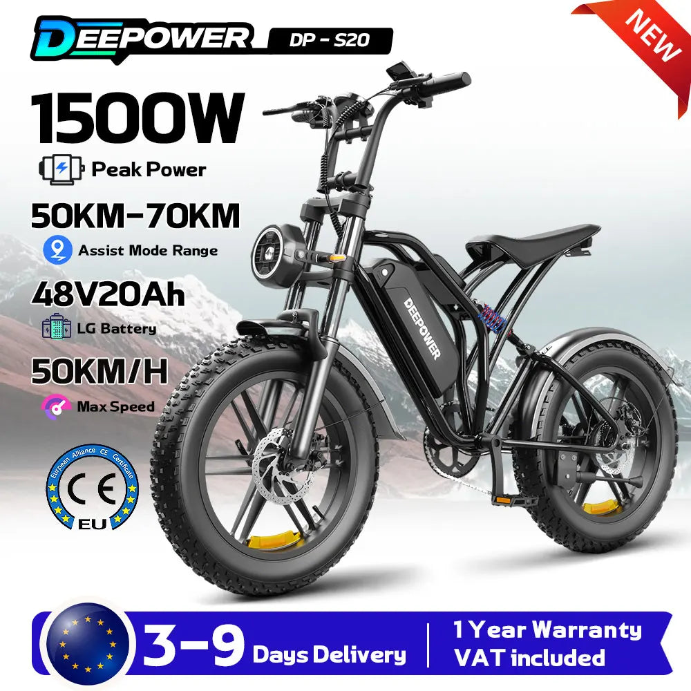 DEEPOWER S20 E-Bike Fat Tire 1500W 48V 20Ah Bicicletta Elettrica MTB 20” Off Road 70km Autonomia Uomo Donna CE