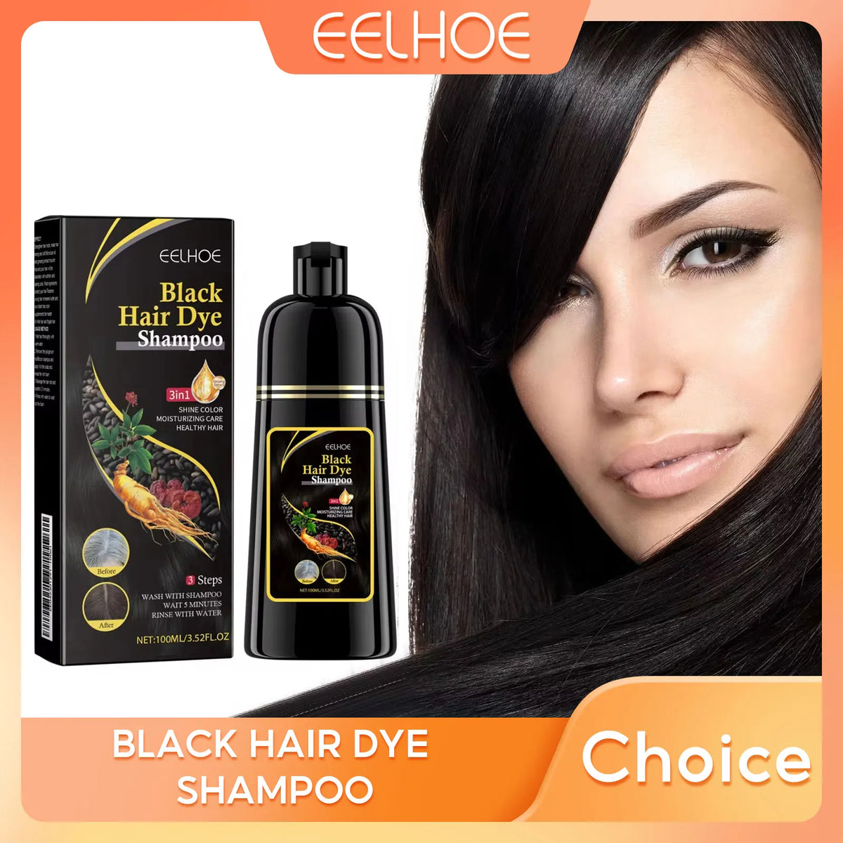 EELHOE Shampoo Colorante Nero 3-in-1 Biologico ed Erboristico. TK