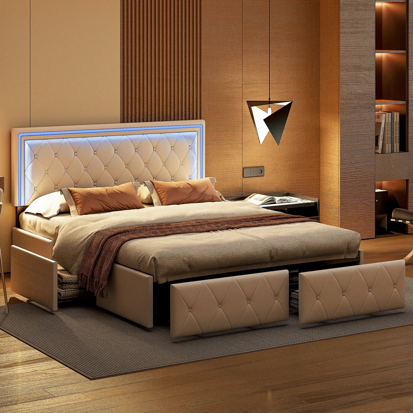 Modern Double Bed 140/160x200cm with LED Lighting, 4-Drawer Headboard, Adjustable Frame & Storage