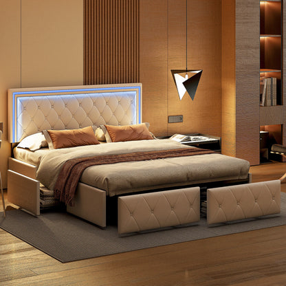 Double bed 140/160x200cm with LED lighting, 4 drawers headboard adjustable bed 2 people slaty box and metal frame