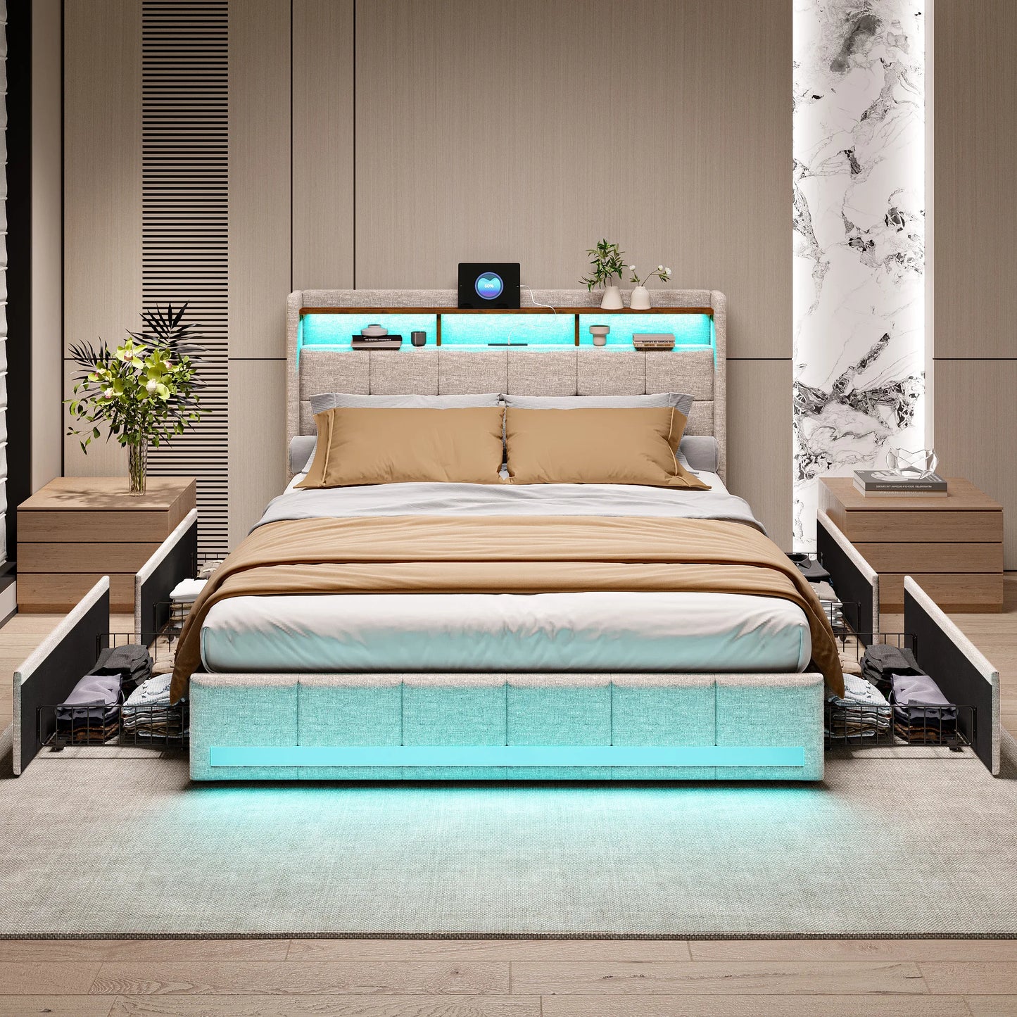 Trunk bed 160x200 with LED box bed USB padded Double bed with 4 drawers padded bed with slatted box and headboard