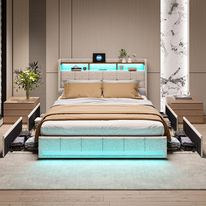 Trunk bed 160x200 with LED box bed USB padded Double bed with 4 drawers padded bed with slatted box and headboard